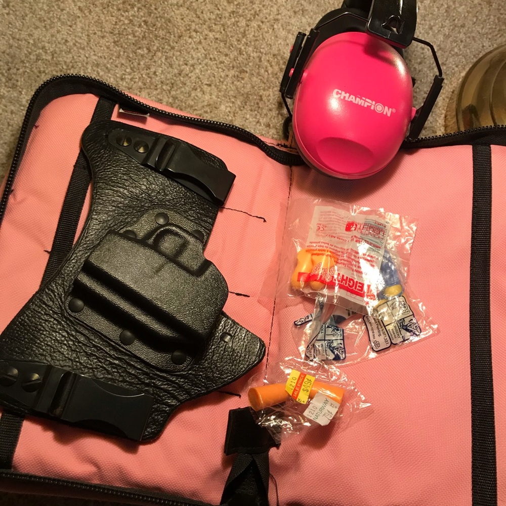 Galco IWB holster, practice earmuffs, carrier.